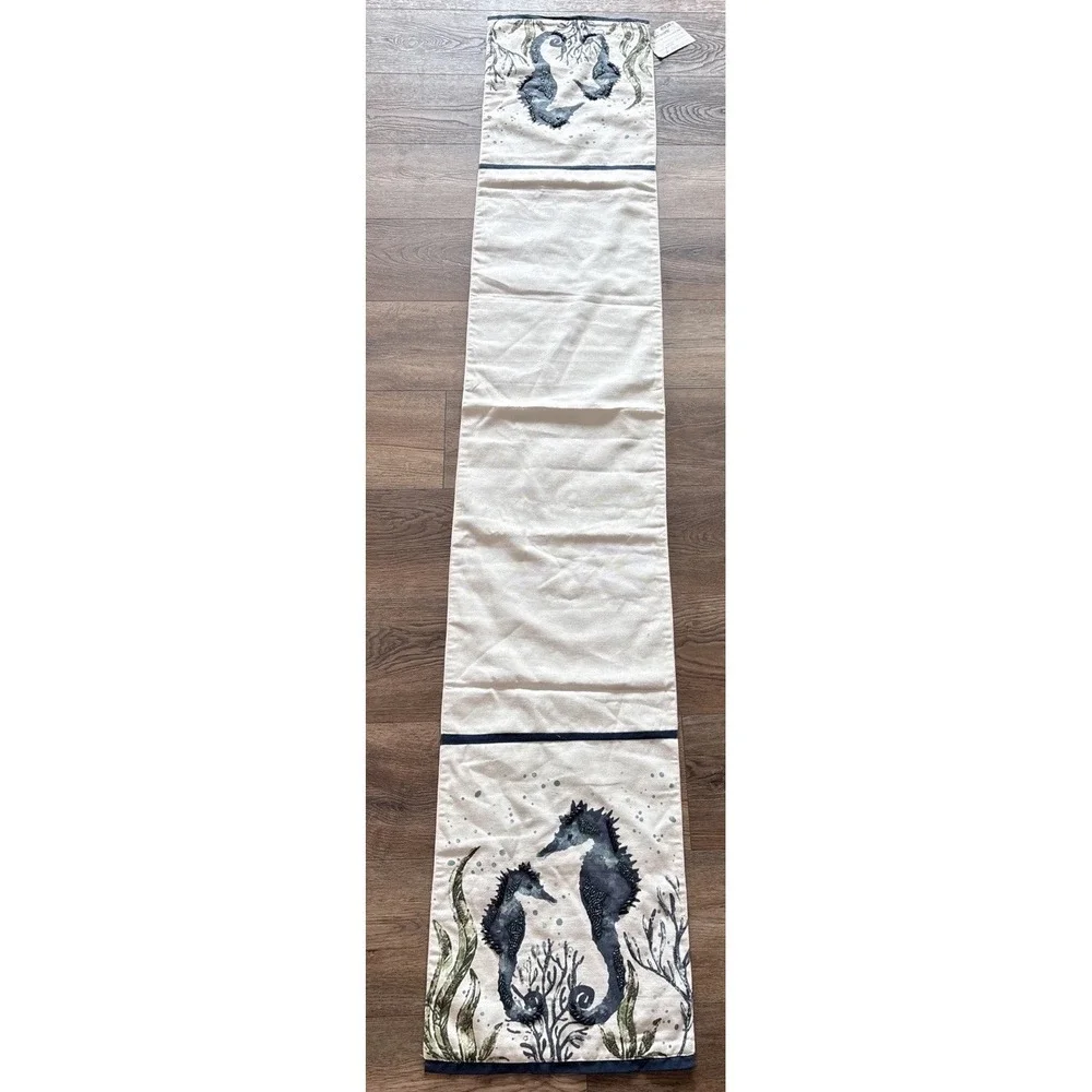 Vintage Pier 1 Imports 13x72 Beaded Table Runner Ocean Seahorse Blue And Cream
